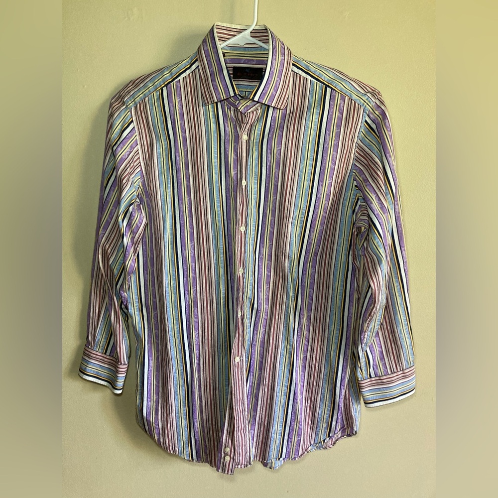 ETRO Milano Italy Striped Paisley Button Down Long Sleeve Shirt Sz 44 US XL